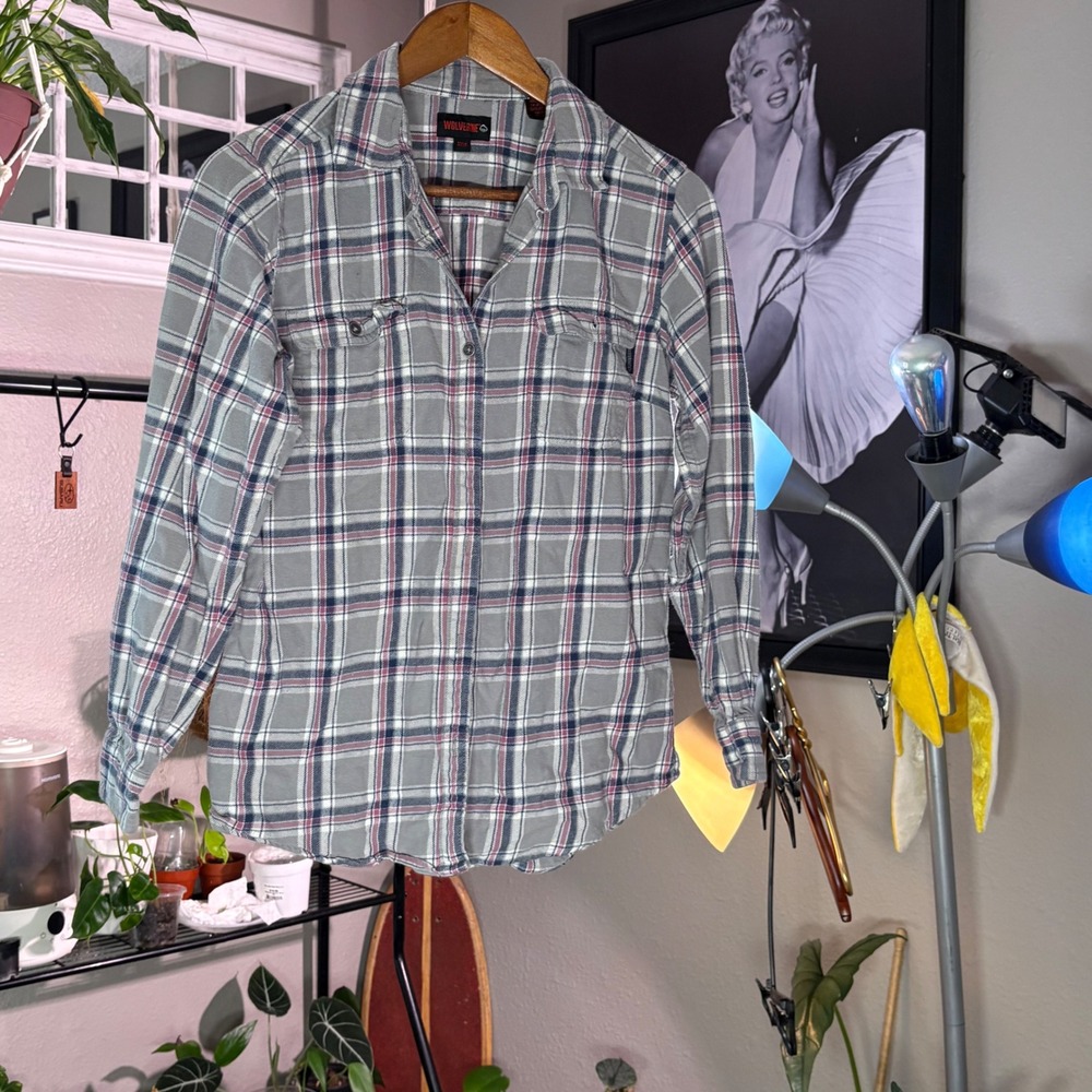 Wolverine Plaid Flannel Shirt Mens Medium Grey Pink Excellent Button Down Cotton